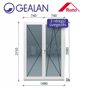   Gealan 150x210 bukó-nyíló 3 rétegű melegperem üveges erkélyajtó jobbos