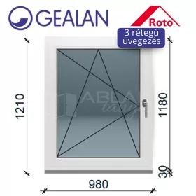   Gealan 100x120 bukó-nyíló 3 rétegű melegperem üveges ablak balos