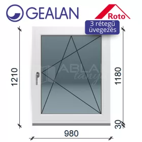   Gealan 100x120 bukó-nyíló 3 rétegű melegperem üveges ablak jobbos