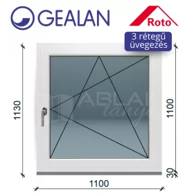   Gealan 110x110 bukó-nyíló 3 rétegű melegperem üveges ablak jobbos