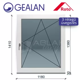   Gealan 120x140 bukó-nyíló 3 rétegű melegperem üveges ablak jobbos