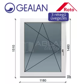   Gealan 120x150 bukó-nyíló 3 rétegű melegperem üveges ablak balos
