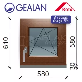   Gealan 60x60 bukó-nyíló 3 rétegű melegperem üveges Dió ablak jobbos