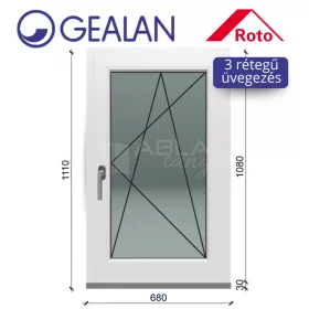  Gealan 70x110 bukó-nyíló 3 rétegű melegperem üveges ablak jobbos