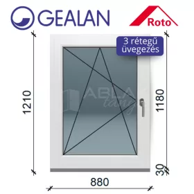   Gealan 90x120 bukó-nyíló 3 rétegű melegperem üveges ablak balos