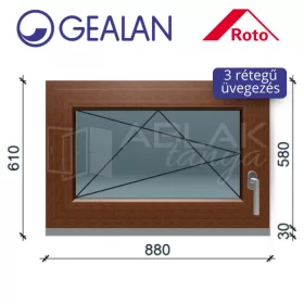   Gealan 90x60 bukó-nyíló 3 rétegű melegperem üveges Dió ablak balos