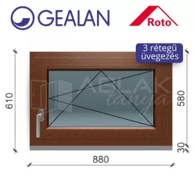   Gealan 90x60 bukó-nyíló 3 rétegű melegperem üveges Dió ablak jobbos