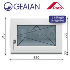   Gealan 90x60 bukó-nyíló 3 rétegű melegperem üveges ablak jobbos