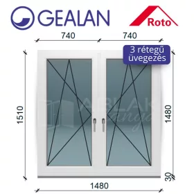   Gealan 150x150 tokosztott bukó-nyíló 3 rétegű melegperem üveges ablak