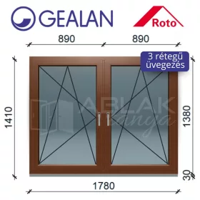   Gealan 180x140 tokosztott bukó-nyíló 3 rétegű melegperem üveges Dió ablak