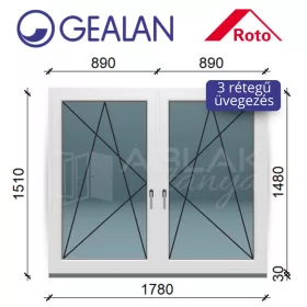   Gealan 180x150 tokosztott bukó-nyíló 3 rétegű melegperem üveges ablak